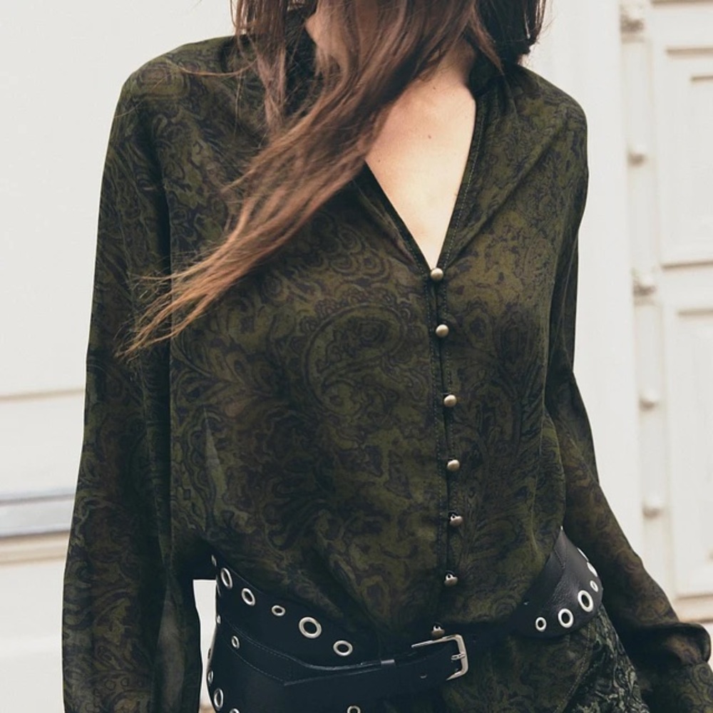 ZARA PRINTED SHIRT WITH VELVET PIPING-Black/Green SZ L New no tags